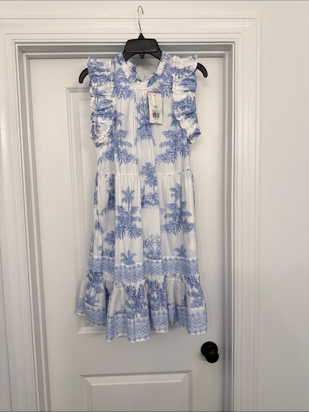 Crown & Ivy Blue and White Ruffled Tropical Print Dress